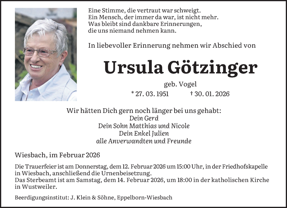  Traueranzeige für Ursula Götzinger vom 07.02.2026 aus saarbruecker_zeitung