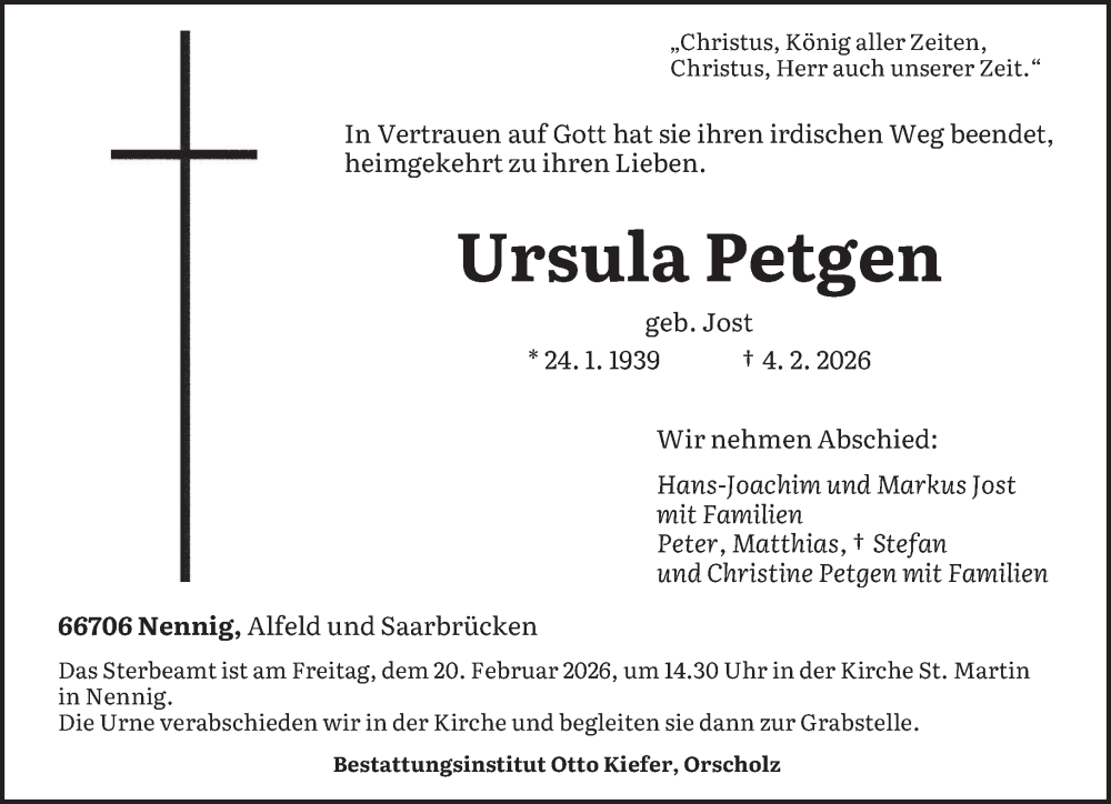  Traueranzeige für Ursula Petgen vom 14.02.2026 aus saarbruecker_zeitung