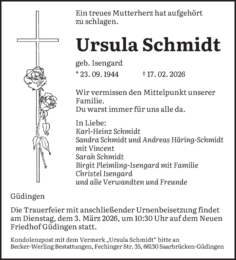  Traueranzeige für Ursula Schmidt vom 28.02.2026 aus saarbruecker_zeitung