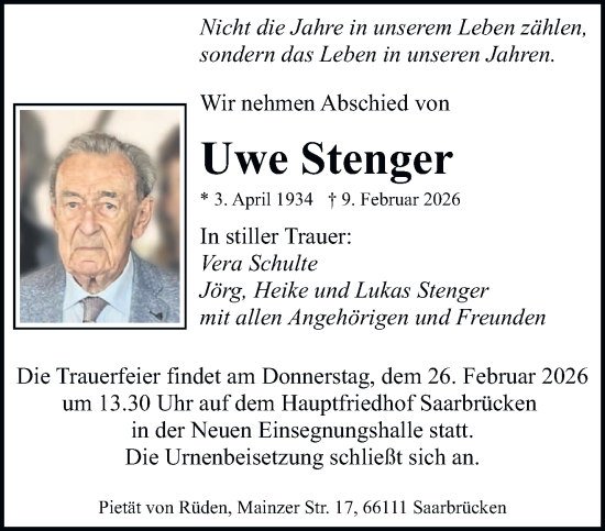 Traueranzeige von Uwe Stenger von saarbruecker_zeitung