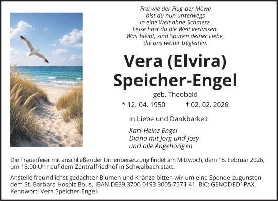 Traueranzeige von Vera Speicher-Engel von saarbruecker_zeitung