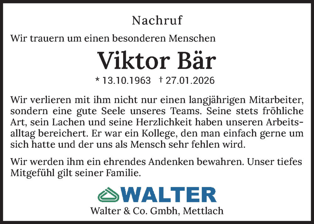  Traueranzeige für Viktor Bär vom 11.02.2026 aus saarbruecker_zeitung