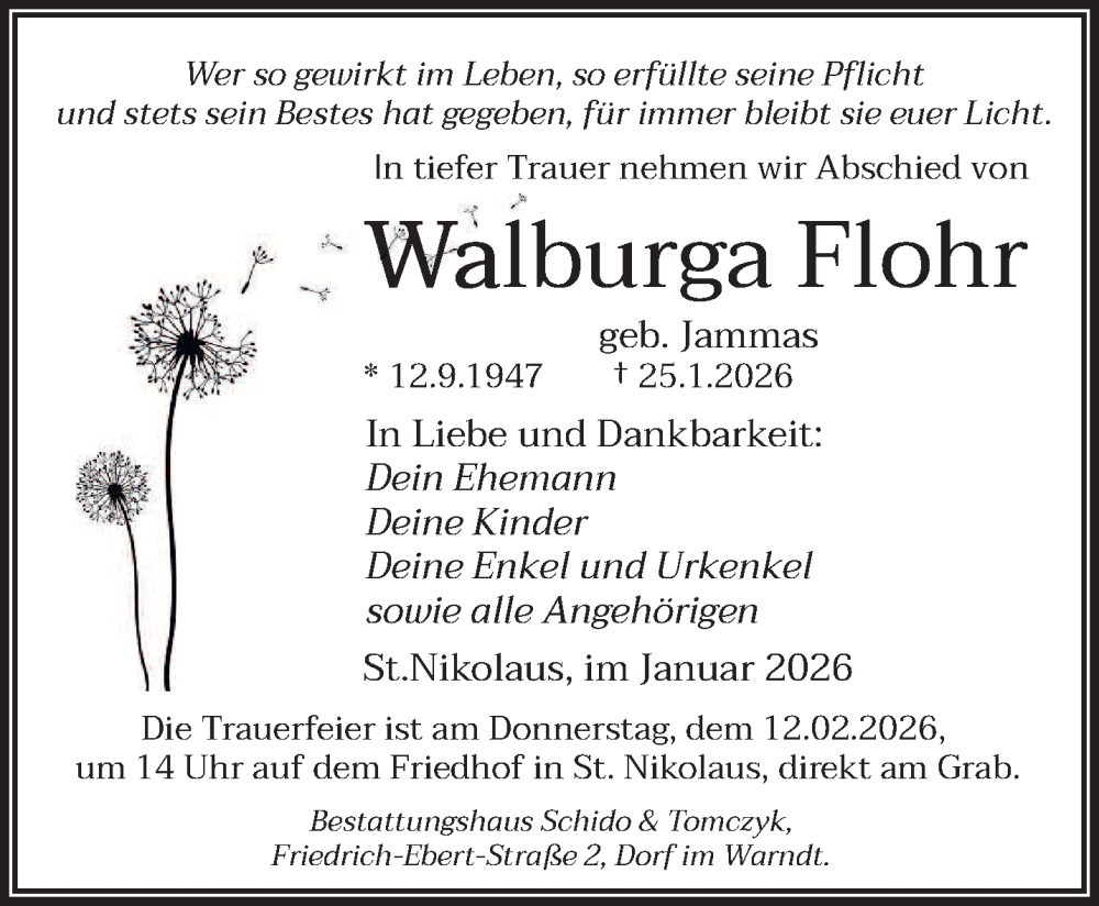  Traueranzeige für Walburga Flohr vom 07.02.2026 aus saarbruecker_zeitung