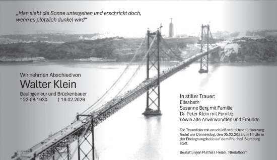 Traueranzeige von Walter Klein von saarbruecker_zeitung