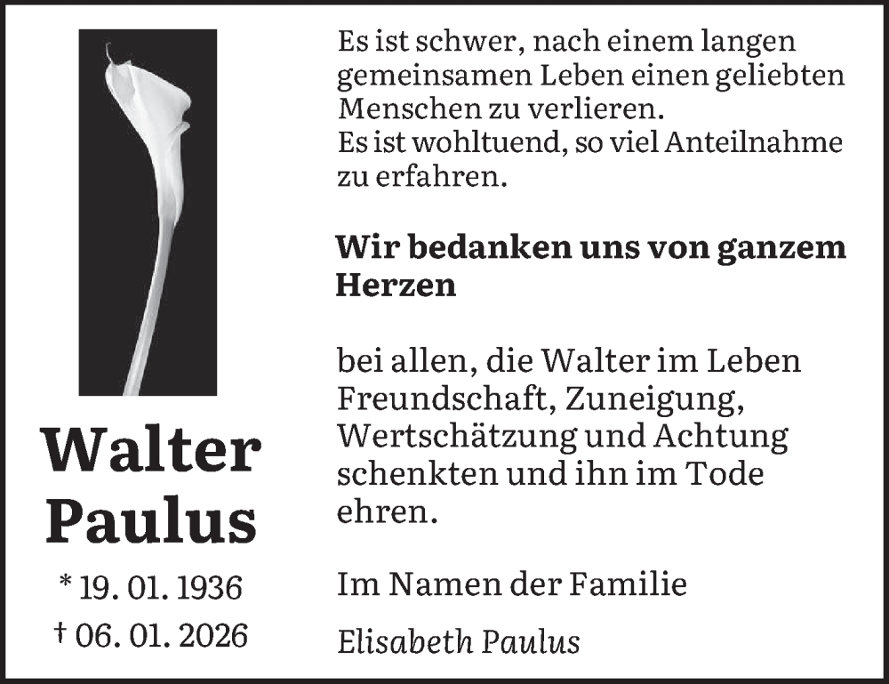  Traueranzeige für Walter Paulus vom 07.02.2026 aus saarbruecker_zeitung