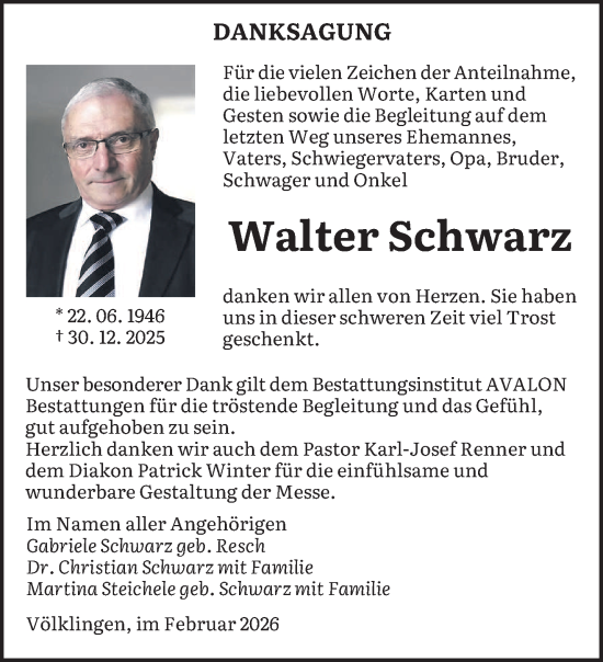 Traueranzeige von Walter Schwarz von saarbruecker_zeitung