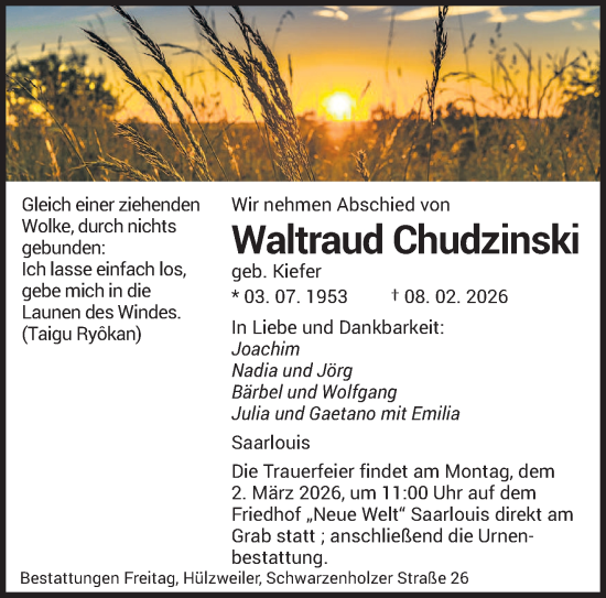 Traueranzeige von Waltraud Chudzinski von saarbruecker_zeitung