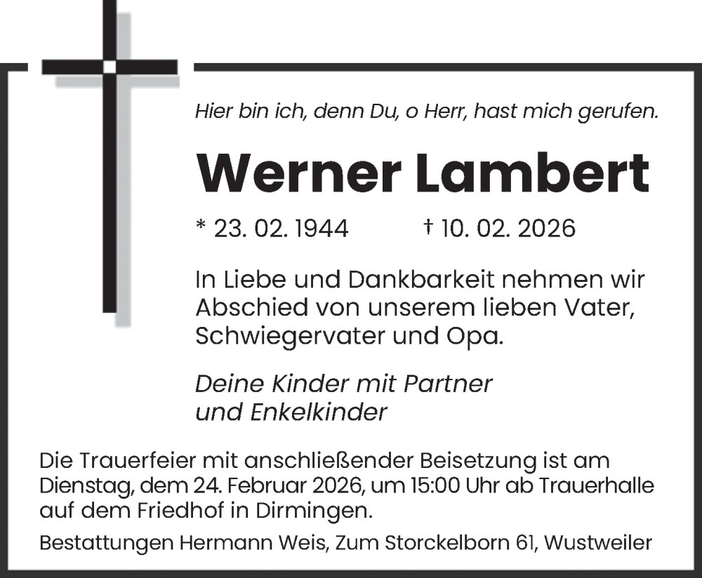  Traueranzeige für Werner Lambert vom 21.02.2026 aus saarbruecker_zeitung