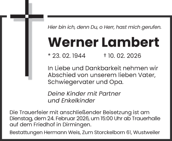 Traueranzeige von Werner Lambert von saarbruecker_zeitung