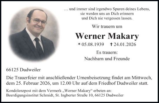 Traueranzeige von Werner Makary von saarbruecker_zeitung