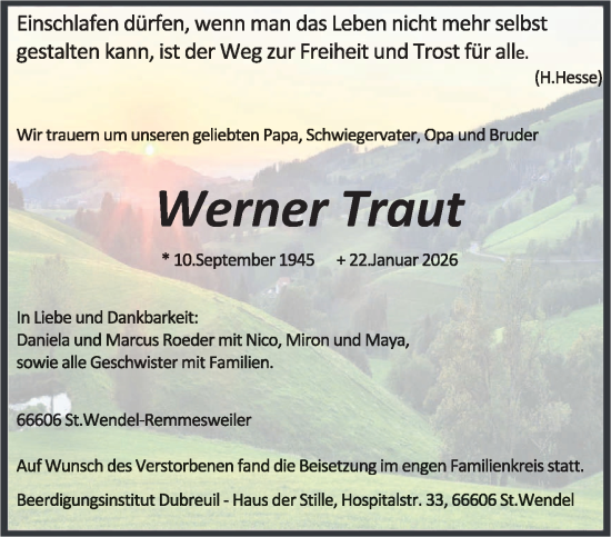 Traueranzeige von Werner Traut von saarbruecker_zeitung