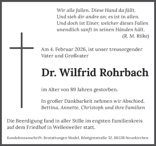 Traueranzeige von Wilfrid Rohrbach von saarbruecker_zeitung