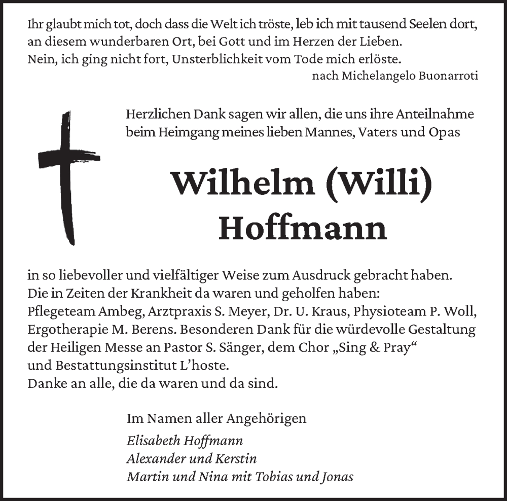  Traueranzeige für Wilhelm Hoffmann vom 14.02.2026 aus saarbruecker_zeitung