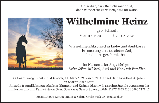 Traueranzeige von Wilhelmine Heinz von saarbruecker_zeitung