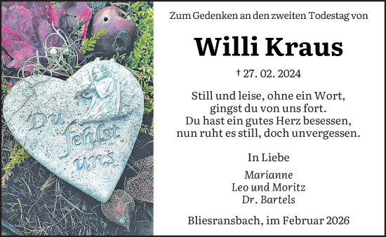 Traueranzeige von Willi Kraus von saarbruecker_zeitung