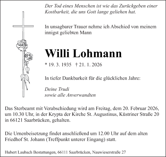 Traueranzeige von Willi Lohmann von saarbruecker_zeitung