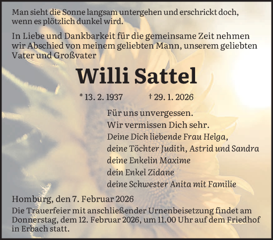 Traueranzeige von Willi Sattel von saarbruecker_zeitung