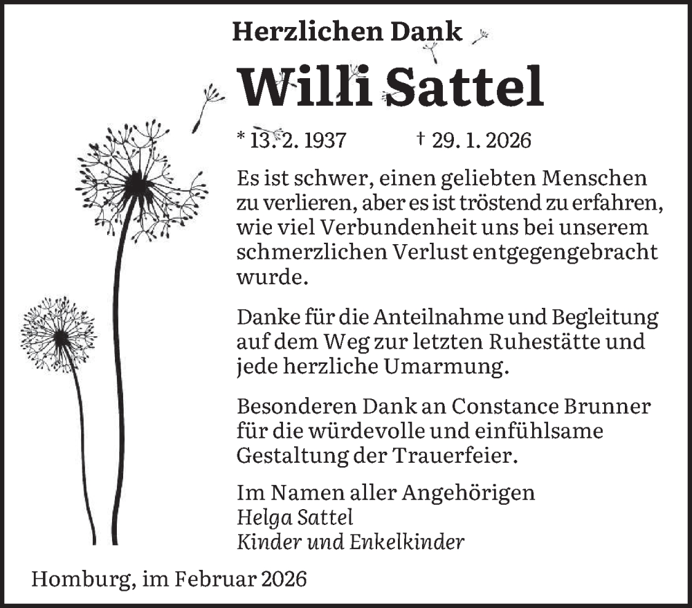  Traueranzeige für Willi Sattel vom 21.02.2026 aus saarbruecker_zeitung