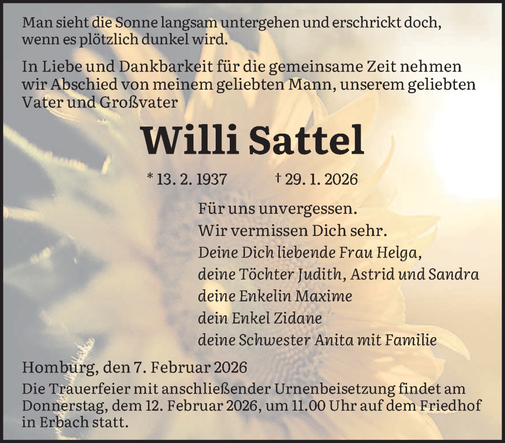  Traueranzeige für Willi Sattel vom 07.02.2026 aus saarbruecker_zeitung