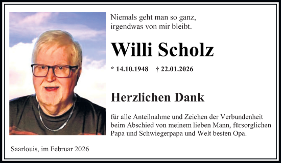Traueranzeige von Willi Scholz von saarbruecker_zeitung