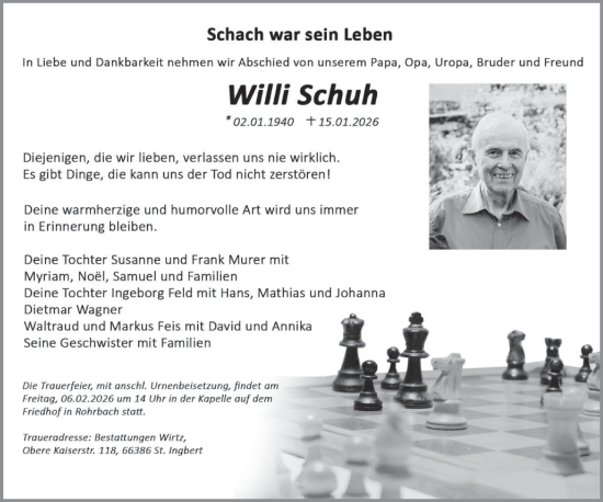 Traueranzeige von Willi Schuh von saarbruecker_zeitung