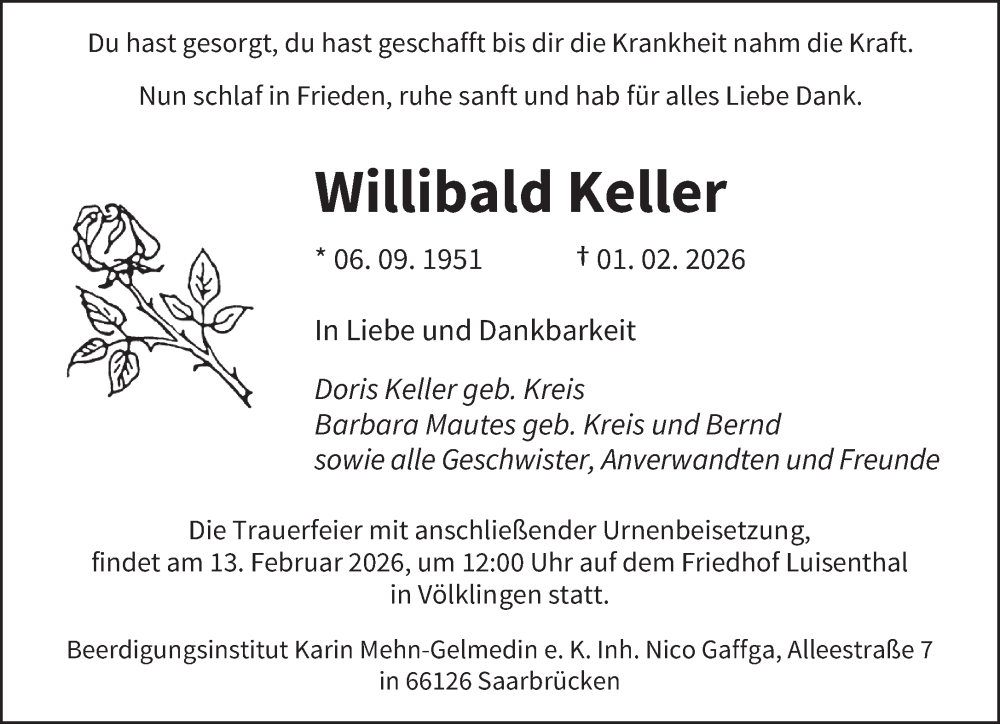  Traueranzeige für Willibald Keller vom 07.02.2026 aus saarbruecker_zeitung