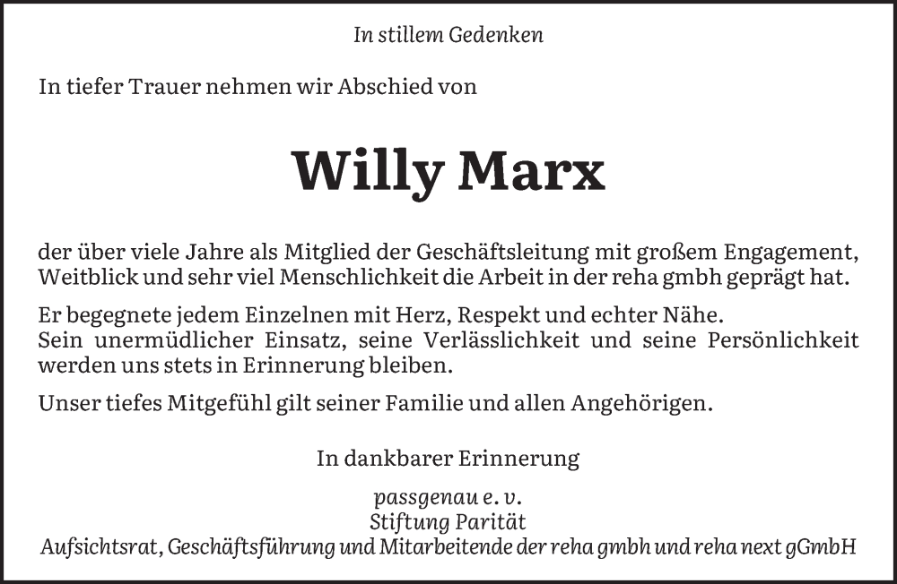  Traueranzeige für Willy Marx vom 14.02.2026 aus saarbruecker_zeitung