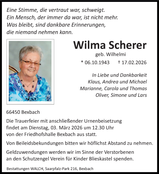 Traueranzeige von Wilma Scherer von saarbruecker_zeitung