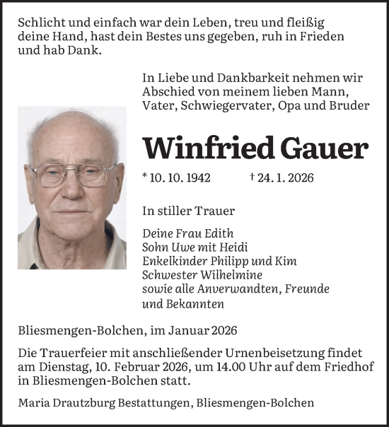 Traueranzeige von Winfried Gauer von saarbruecker_zeitung