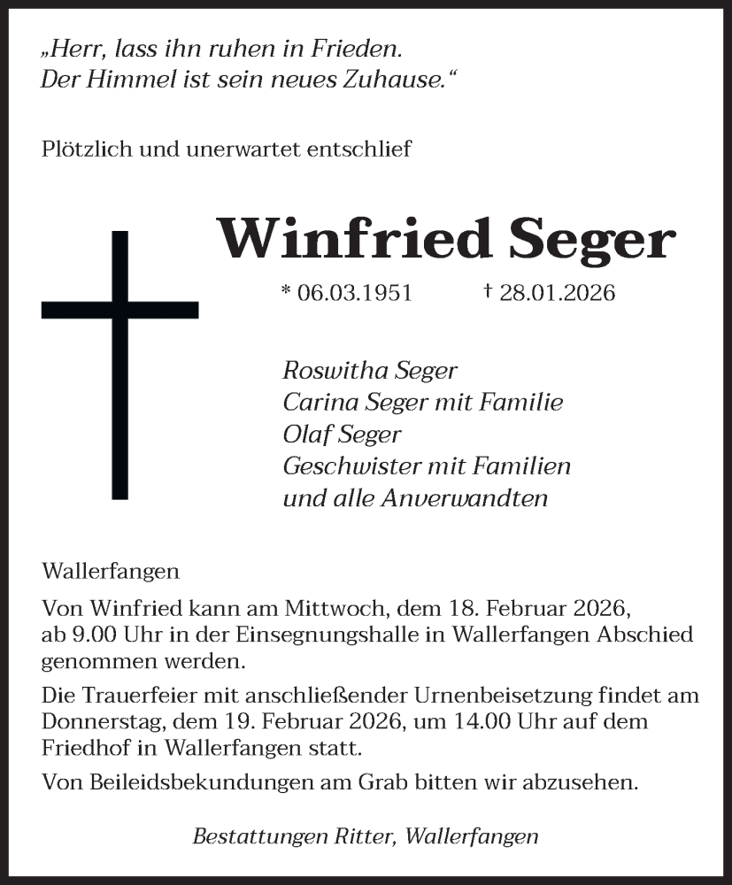  Traueranzeige für Winfried Seger vom 14.02.2026 aus saarbruecker_zeitung
