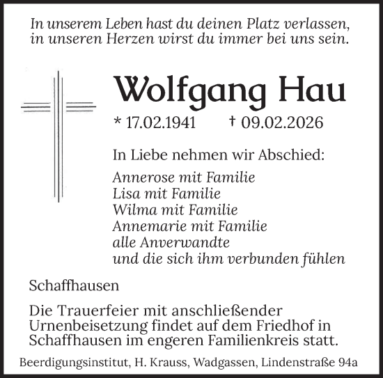 Traueranzeige von Wolfgang Hau von saarbruecker_zeitung