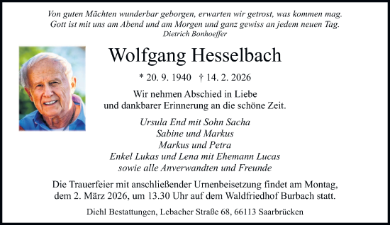 Traueranzeige von Wolfgang Hesselbach von saarbruecker_zeitung