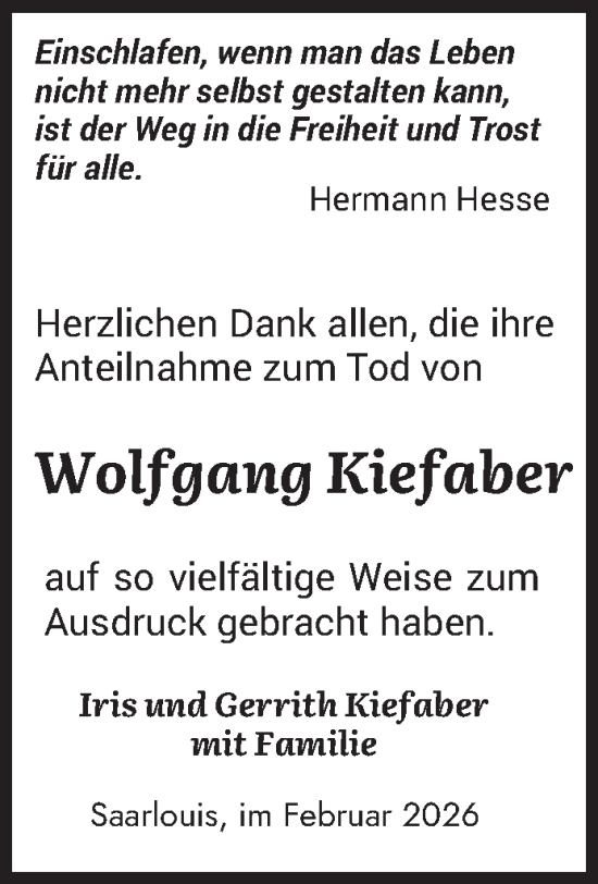Traueranzeige von Wolfgang Kiefaber von saarbruecker_zeitung