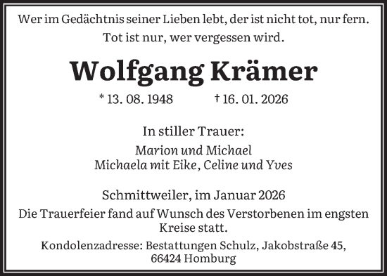 Traueranzeige von Wolfgang Krämer von saarbruecker_zeitung