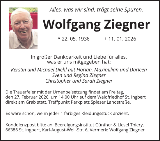 Traueranzeige von Wolfgang Ziegner von saarbruecker_zeitung